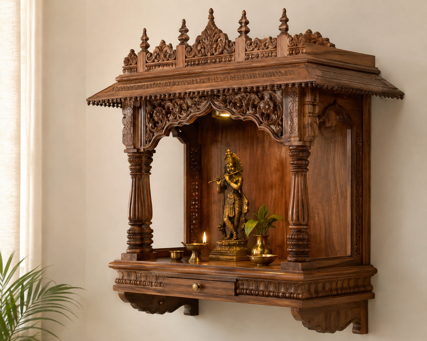 Handcrafted wooden wall temple by Vishwakarma Antique Arts